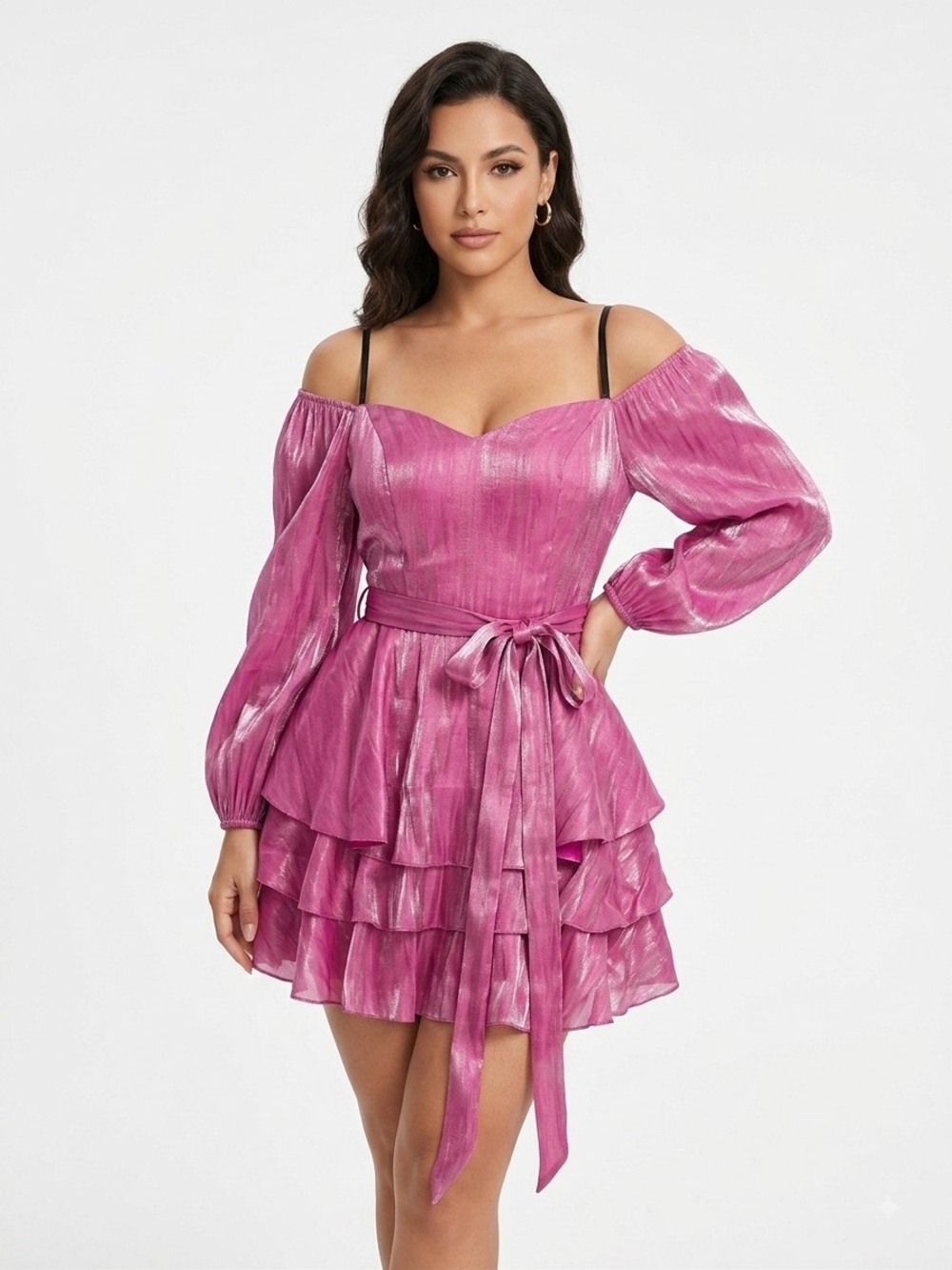 SHEIN Metallic Pink Off-Shoulder Tiered Ruffle Long Sleeve Dress